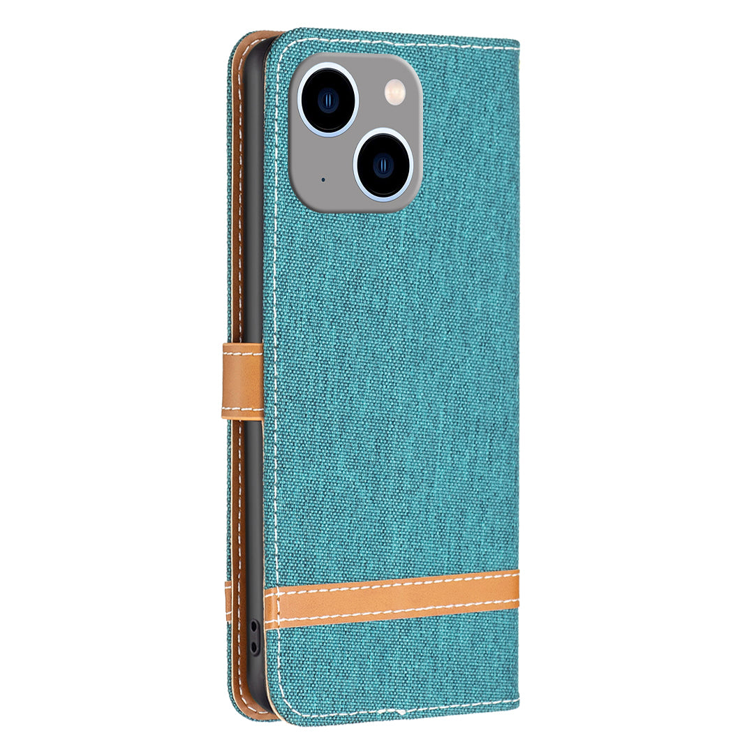 Uniqkart for iPhone 15 Plus PU Leather + TPU Phone Case Jeans Cloth Splicing Wallet Stand Anti-scratch Cover - Green Uniqkart for iPhone 15 Plus PU Leather + TPU Phone Case Jeans Cloth Splicing Wallet Stand Anti-scratch Cover - Green